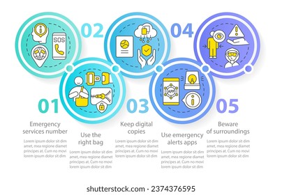 Moving abroad security circle infographic template. Safe traveling. Data visualization with 5 steps. Editable timeline info chart. Workflow layout with line icons. Myriad Pro-Regular font used