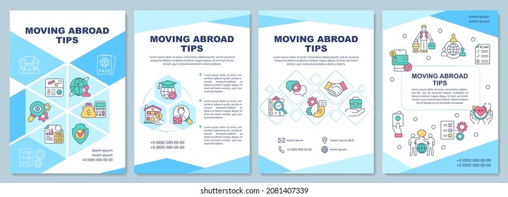 Moving abroad tips brochure template. Relocate to foreign country. Flyer, booklet, leaflet print, cover design with linear icons. Vector layouts for presentation, annual reports, advertisement pages
