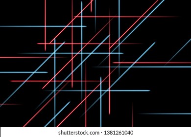 Moving abstract neon lines in space. Abstract blue and red neon lines in space on dark isolated background. Vector light effect