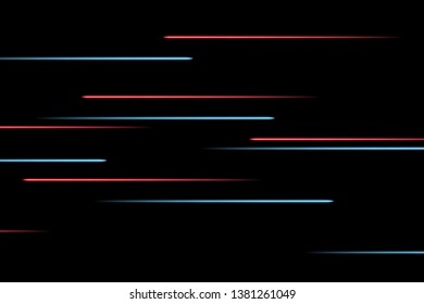 Moving abstract neon lines in space. Abstract blue and red neon lines in space on dark isolated background. Vector light effect