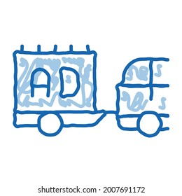 movimiento de publicidad por el vector de icono de esbozo de coche. Publicidad en movimiento de la línea de doodle azul dibujada a mano por señas de coche. ilustración de símbolo aislado
