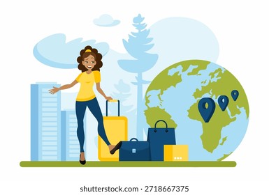 Mudarse a otra ciudad. Una joven enérgica se está preparando para un viaje. Concepto de planificación de vacaciones. Viajar alrededor del mundo. Ilustración vectorial plana