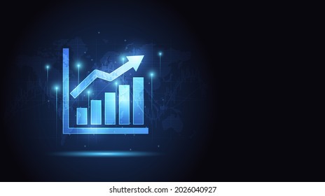 Moving up arrow chart icon with stock market graph and world map on blue color background