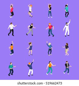 Moving to the beat in dance club people   isometric icons collection with purple background isolated vector illustration 