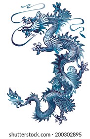 Moving Up Blue Oriental Dragon On A White Background