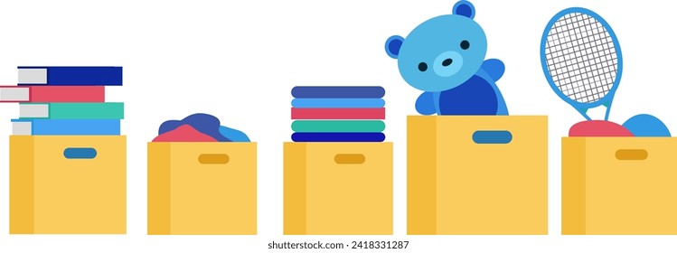 Cajas móviles con libros, ropa, oso de peluche y raqueta de tenis. Ilustración de concepto de reubicación y desembalaje.