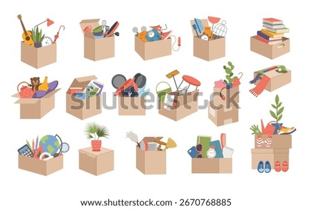 Moving boxes. Books office documents and different home supplies in cardboard boxes recent vector illustrations