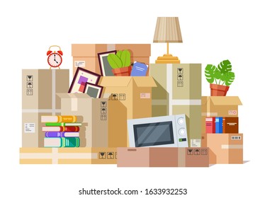 Moving boxes. Carton box packing family stuff. Cardboard parcels relocation, cargo package to new house. We are moved vector illustration