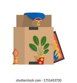 Moving boxes. Company moved to new office, home. Paper cardboard boxes with various thing. Family relocated. Delivery box package with various household thing lamp, picture, flowerpot,clothes