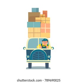 Moving boxes. Delivery service icon. Package cardboard boxes for relocation to change home. Mover driver in van transport cargo to new house. Carry containers with domestic objects. Vector illustration
