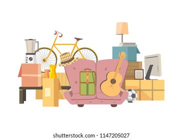 Moving boxes icon. Home change concept. Package to move to new house moving cardboard boxes and domestic objects cartoon. Relocation to apartment, paper container delivery packing. Vector illustration