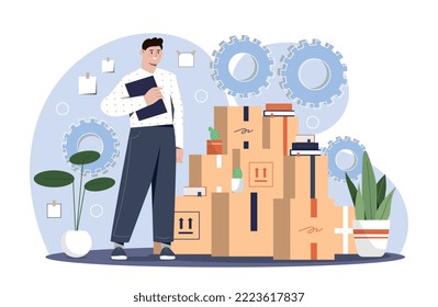 Moving with boxes. Man in apartment stands next to his things. Logistics and transportation. Quality service, host with cardboard boxes. Poster or banner for website. Cartoon flat vector illustration