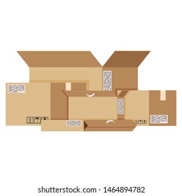 Moving with boxes to new home. Pile of stacked cardboard boxes. Vector stock illustration in flat style isolated on white background
