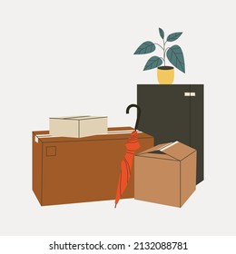 Moving with boxes to a new house.Travel concept. Pile of stacked cardboard boxes with various things from the house, a plant, an umbrella. Hand-drawn cartoon vector isolated illustration. Fashion.
