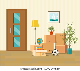 Moving boxes next to the door in new house. Vector flat style illustration