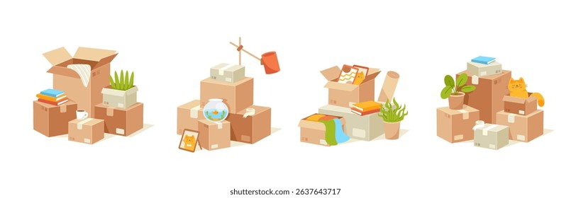 Moving boxes stack. Cardboard box with items. Relocation, packing, logistics, home organization, parcel packing. House move box piles package with stuff. Warehouse supplies. Vector set.