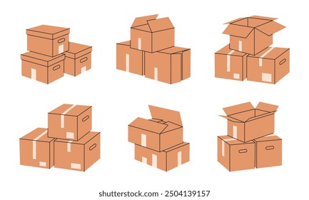 Moving boxes. Stacked cardboard boxes, cargo warehouse box piles, delivery containers stack flat vector illustration set. Hand drawn boxes collection