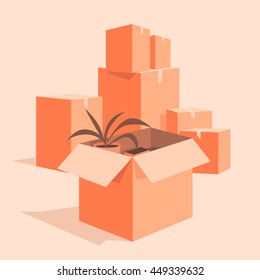 Moving with boxes. Boxes with things. Open box
