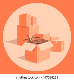 Moving with boxes. Boxes with things. Transport company. Open box