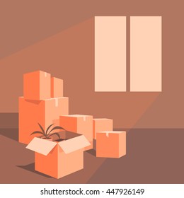 Moving with boxes. Boxes with things. Transport company. Open box