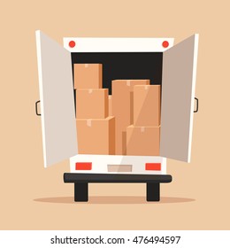 Moving with boxes. Boxes with things. Transport company. Service. Moving van. Cartoon vector illustration