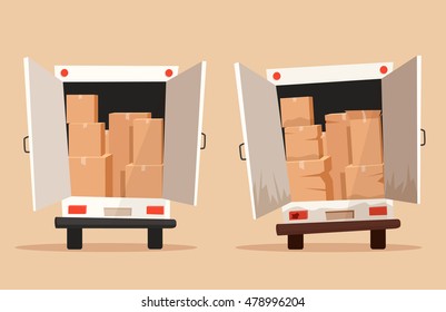 Moving with boxes. Boxes with things. Transport company. Service. Moving van. Cartoon vector illustration