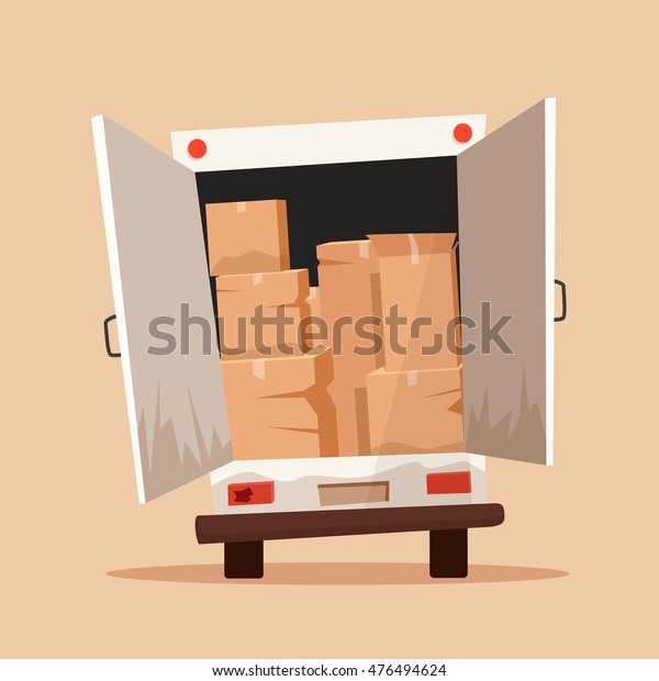 Moving with boxes. Boxes\
with things. Transport company. Service. Moving van. Cartoon vector\
illustration