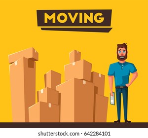 Moving with boxes. Transport company. Cartoon vector illustration