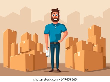 Moving with boxes. Transport company. Cartoon vector illustration