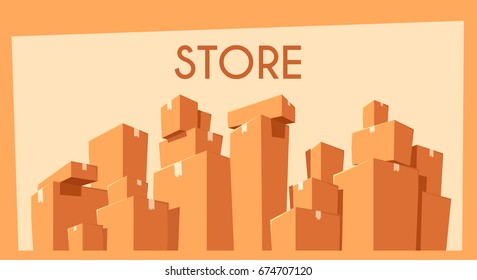 Moving with boxes. Transport company. Cartoon vector illustration