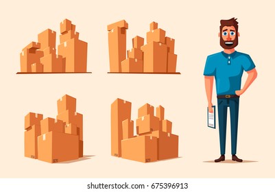 Moving with boxes. Transport company. Cartoon vector illustration