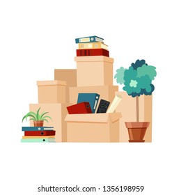 Moving boxes vector illustration. Company moved to new office. Paper cardboard boxes with various thing. Package for transportation. Folders, books, plant, tree. 