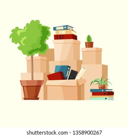 Moving boxes vector illustration. Company moved to new office. Paper cardboard boxes with various thing. Package for transportation. Folders, books, plant, tree. 