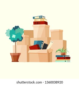 Moving boxes vector illustration. Company moved to new office. Paper cardboard boxes with various thing. Package for transportation. Folders, books, plant, tree. 