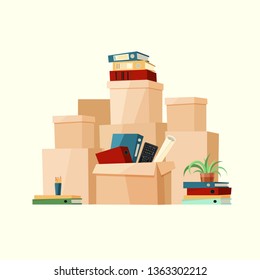 Moving boxes vector illustration. Company moved to new office. Paper cardboard boxes with various thing. Package for transportation. Folders, books, plant. 