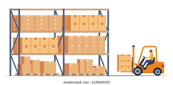 Moving boxes in the warehouse by means of a hydraulic forklift truck. Storage, sorting and delivery. Storage equipment. Flat vector illustration