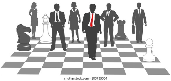 Moving business man leads team to win as pieces on chess board