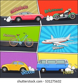 Moving car bicycle motorcycle van and airplane in comic frames with colorful background flat vector illustration