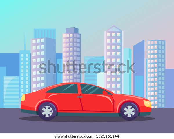 Moving car in city, skyscraper and sunset\
view. Red automobile going by road near high buildings, auto in\
downtown, vehicle and cityscape, town\
vector