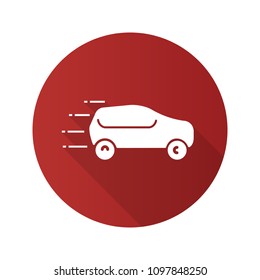 Moving car flat design long shadow glyph icon. Fast taxi. Automobile. Vector silhouette illustration