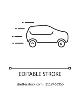 Moving car linear icon. Fast taxi. Thin line illustration. Automobile. Contour symbol. Vector isolated outline drawing. Editable stroke