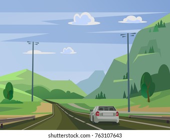 Moving car on road past forest. Vector flat illustration