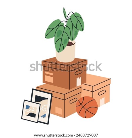 Moving cardboard boxes. Carton boxes full of personal stuff, things in stacked carton boxes flat vector illustration. House moving boxes