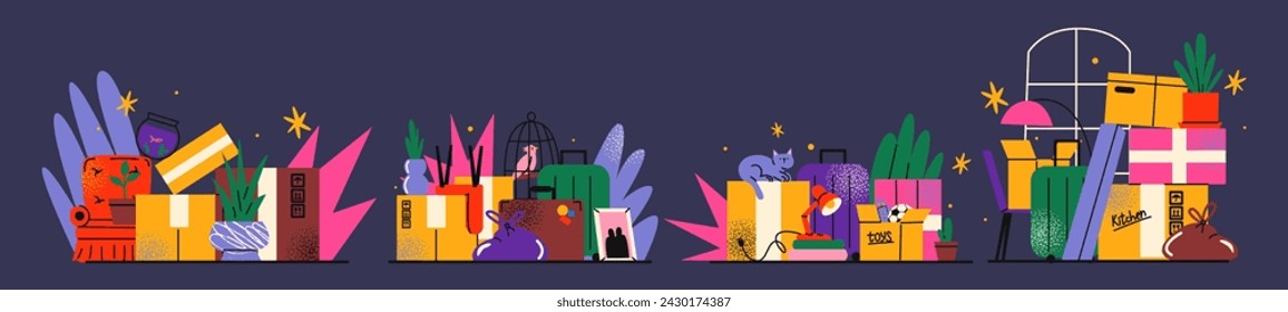 Moving, cardboard boxes with things at home in cartoon retro style. Set of illustrations of moving, transporting things to a new home. Groovy stickers in vector hand drawn