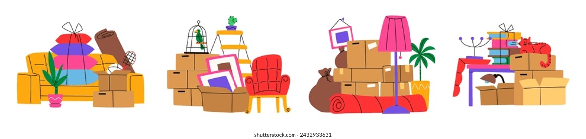 Moving, cardboard boxes with things at home in cartoon retro style. Set of illustrations of moving, transporting things to a new home. Groovy stickers in vector hand drawn