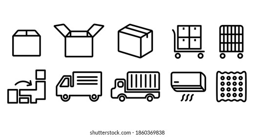 Moving cardboard, truck, air conditioner, Vector icon illustration black and white color