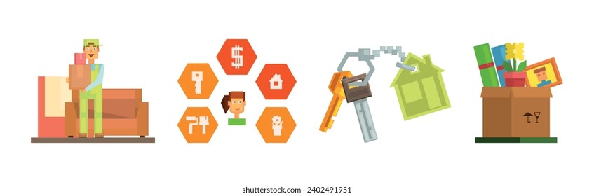 Moving and Changing Apartment Flat Icon and Furniture Item Vector Set
