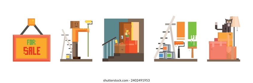 Moving and Changing Apartment Flat Icon and Furniture Item Vector Set