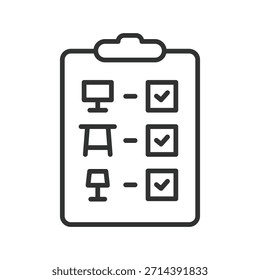 Movendo ícone de lista de verificação no design de linha. lista de verificação, planejamento, realocação, mover, tarefas, organização no vetor de plano de fundo branco. movendo lista de verificação ícone de traçado editável