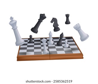 Moving chess figure in competition success play 3D illustration. Floating black and white chess pieces on desk. Chess Tournament vector banner design. Vector illustration